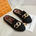 Women's black plush mules with gold chain buckle and warm brown faux fur lining - EU 34 / Black
