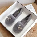 Gray faux fur flat loafers with owl jewel ornament in a stylish gift box setup - EU 34 / Gray