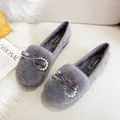 Grey plush loafers with velvet bow and pearl trim detail for winter warmth - EU 34 / Gray