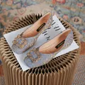 Flat square toe loafers in light blue floral jacquard with a crystal buckle ornament - EU 34 / Blue