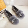 Grijze pluche loafers voor de winter met strass-strik en warme imitatiebontvoering - 34 / Grijs