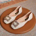 Elegant beige square toe flat shoes with jacquard texture and crystal buckle detail - EU 34 / Apricot