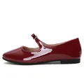 Elegant dark red patent leather Mary Jane ballet flats with stylish bow buckle decoration - EU 34 / Red