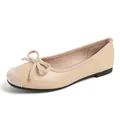 Elegant apricot square toe ballet flats with bow detail and suede patchwork finish - 33 / Brown