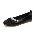 Elegant black Mary Jane flats with crystal pearl flower strap and soft square toe - EU 33 / Black