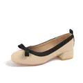 Elegant apricot bow-knot square toe pumps with black piping and low block heel - EU 38 / Brown