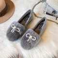 Gray plush platform loafers with pearl rhinestone bow and warm faux fur lining - EU 33 / Gray