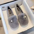 Grey faux fur flat shoes for women with elegant faux pearl and rhinestone embellishments - EU 33 / Gray