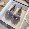 Grey plush loafers for women with white pearls and gold metal buckle detail - EU 33 / Gray
