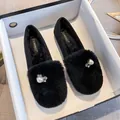Women's black fuzzy loafers with pearl and rhinestone accents for autumn and winter - EU 33 / Black