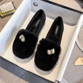 Black plush loafers with white pearl and gold metal buckle in white box - EU 33 / Black