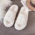 Plush white faux fur flat slippers with elegant cross design for autumn and winter - EU 35 / White