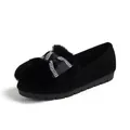 Black faux suede loafers with plush fur pom pom and rhinestone bow on a thick rubber sole - EU 33 / Black
