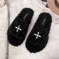 Furry black platform slides with star charm and plush lining for women - EU 35 / Black