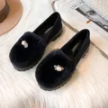 Elegant black faux fur loafers with large faux pearl and rhinestone embellishment - EU 34 / Black