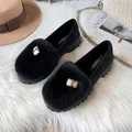 Women's black plush loafers with warm fur lining and decorative gold pearl buckle - EU 34 / Black