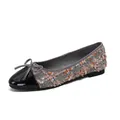 French style tweed flat ballerina shoes with black patent leather toe and bow detail - EU 33 / Gray
