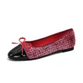 Pink tweed ballet flats with black patent leather cap toe and red bow accent - EU 33 / Red