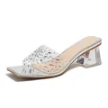Sandalias plateadas con plataforma y tacón bloque transparente con detalles de pedrería - 34 / Estilo de Circonita / Plateado