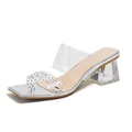 Square toe clear PVC block heel sandals with silver mirror finish and sparkling rhinestones - EU 34 / Silver