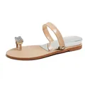 Women's beige flat toe-loop sandals with silver rhinestone chain and mirror finish - EU 34 / Nude