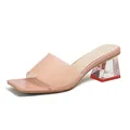 Sandalias nude de punta cuadrada con tira transparente y tacones anchos de cristal - 34 / Rosa nude