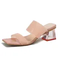 Women's square toe slide sandals with nude pink PVC straps and clear chunky heels - EU 34 / Pink
