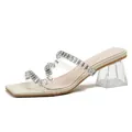 Silver square toe sandals with rhinestone PVC straps and a transparent block heel - EU 34 / Apricot