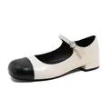 Elegant beige and black round toe Mary Jane flats with rhinestone buckle and low heel - 35 / Apricot