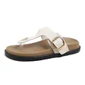 Women's white leather thong sandals with gold buckle and comfortable brown sole - EU 35 / Cream White Litchi Grain