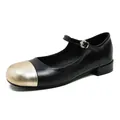 Flat black Mary Jane shoes with metallic gold toe cap and rhinestone buckle detail - 35 / Black & Gold