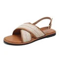 Women flat cross strap sandals with brown leather and beige woven texture detail - EU 34 / Sandals / Brown