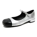 Silver leather Mary Jane flats with contrast black toe and metallic finish - 35 / Silver