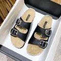 Black leather Birkenstock style slippers with silver buckles and faux fur lining - EU 35 / Black