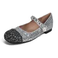 Silver sequin Mary Jane flats with black round toe and pearl chain strap for girls - 35 / Glitter Silver and Black
