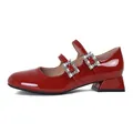 Dark red patent leather Mary Jane shoes with double rhinestone buckles and block heels - EU 35 / Red