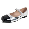 Silver metallic Mary Jane shoes with black toe cap and pearl chain strap for girls - 35 / Black Silver
