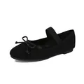 Black knit Mary Jane flats with bow detail and elastic strap shown in a 45-degree angle - EU 35 / Black
