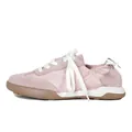 Women's pink suede leather sneaker with white laces and blue decorative heel tag - EU 35 / Pink