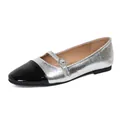 Silver metallic Mary Jane flats with black patent toe and heart rhinestone buckle - EU 35 / Silver