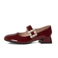 Elegant wine red patent leather Mary Jane shoes with square rhinestone buckle and block heel - EU 35 / Red