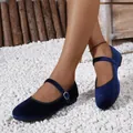 Navy blue velvet Mary Jane ballet flats with silver buckle on a natural stone background - EU 35 / Blue