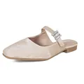 Champagne velvet square toe mule flats with sparkling rhinestone buckle and Mary Jane strap - 35 / Apricot