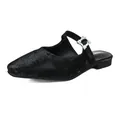 Elegant black square-toe mule slippers with crystal-encrusted buckle and low heel - 35 / Black