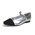 Elegant silver square toe Mary Jane flats with black color blocking and buckle strap - EU 35 / Silver