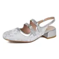 Silver jacquard Mary Jane pumps with floral texture and mid thick metallic heels - EU 35 / Silver