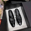 Elegant black square toe pleated mule shoes with silver buckle and leather finish - EU 35 / Black