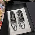Silver pleated mule shoes with square metal buckle in a luxury gift box packaging - EU 35 / Silver
