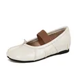 Minimalist beige sheepskin Mary Jane flats with split-toe design and brown elastic strap - EU 35 / White