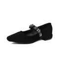 Elegant black suede Mary Jane flats with square toe and sparkling gemstone heart strap - EU 35 / Black